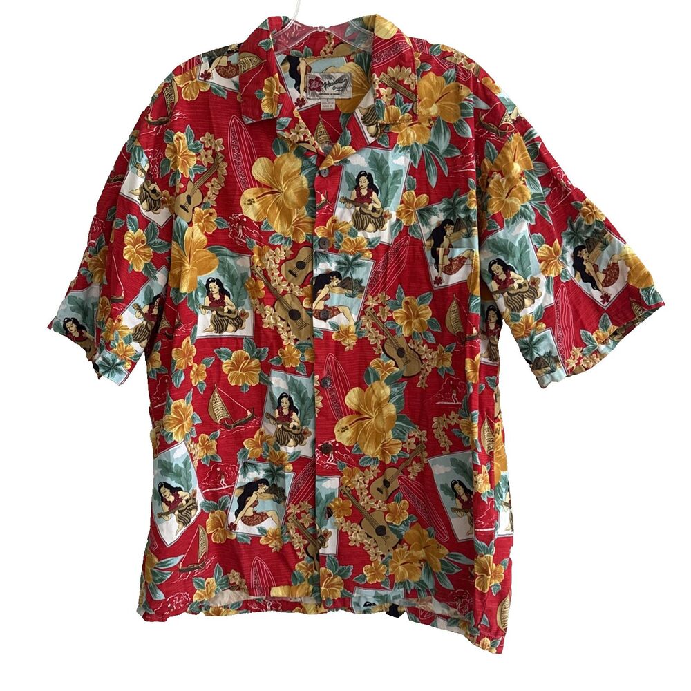 Hilo Hattie Original Hawaiian Shirt Mens Sz L Red Aloha Hula Girl Tropical Camp